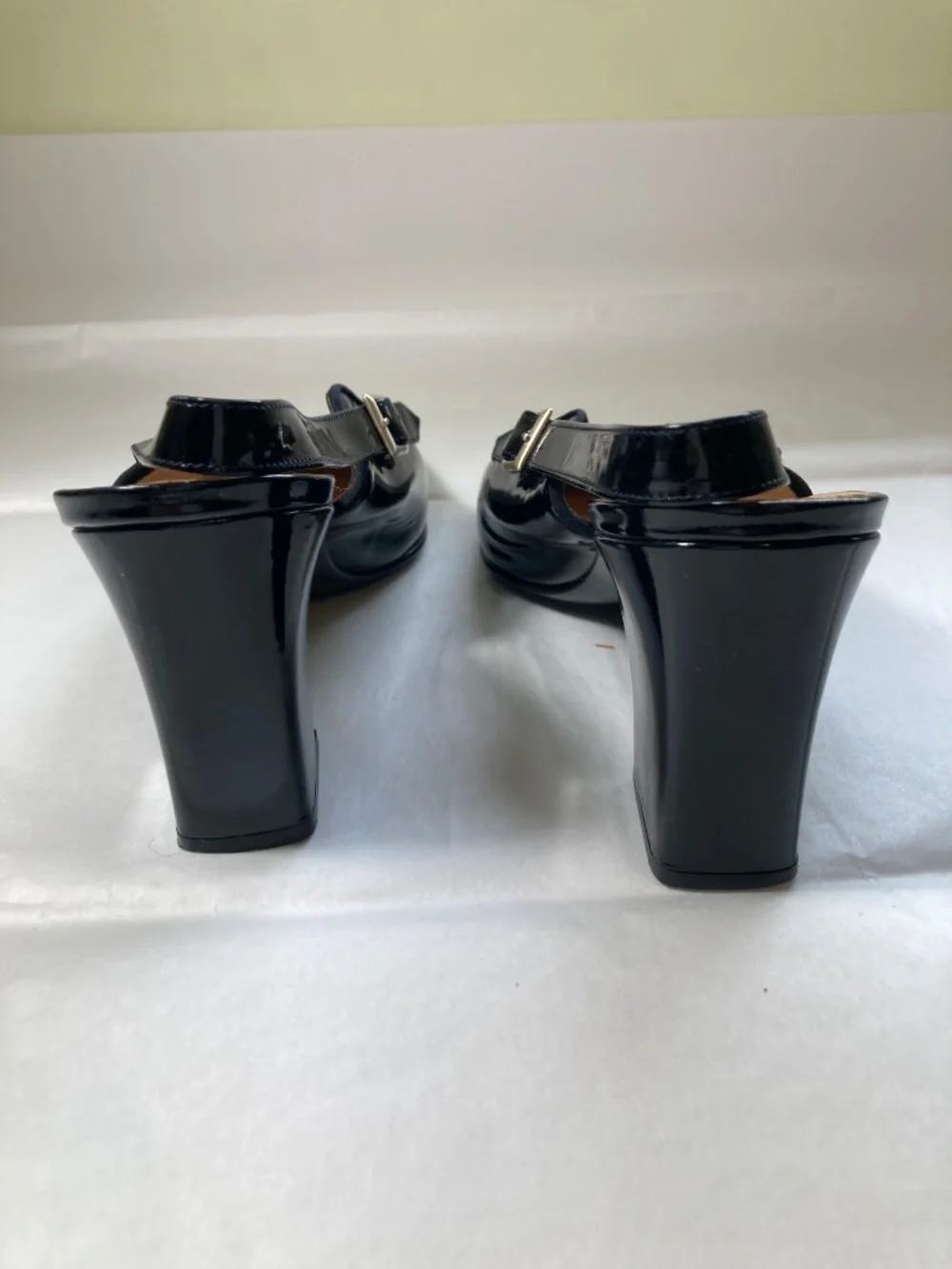 Calvin Klein S6 Slingback Patent Leather Block Heel Pumps - silver strap buckle